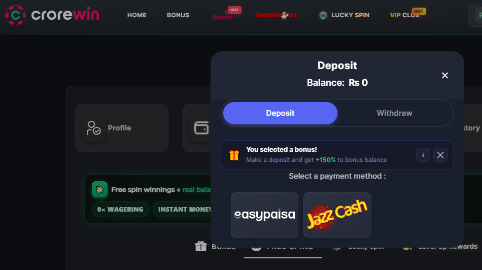 CroreWin deposit methods available for Pakistan